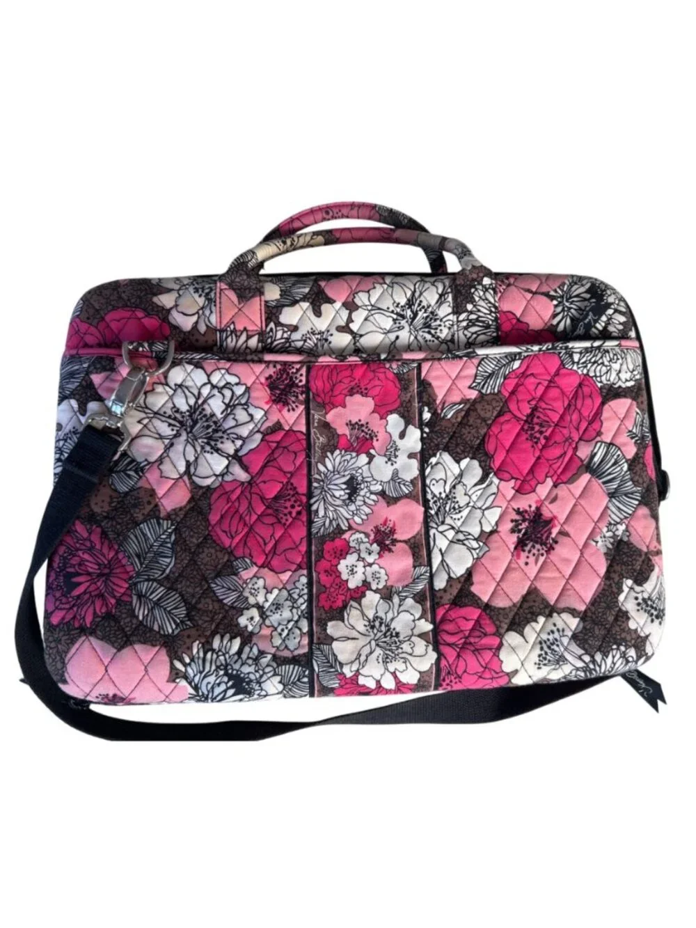 Vera Bradley Laptop Bag Pink Black Floral Quilted Shoulder Strap Tote Travel